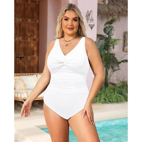 Holipick Women Tummy Control One Piece Swimsuit - white Push Up Full Coverage - Picture 7 of 7